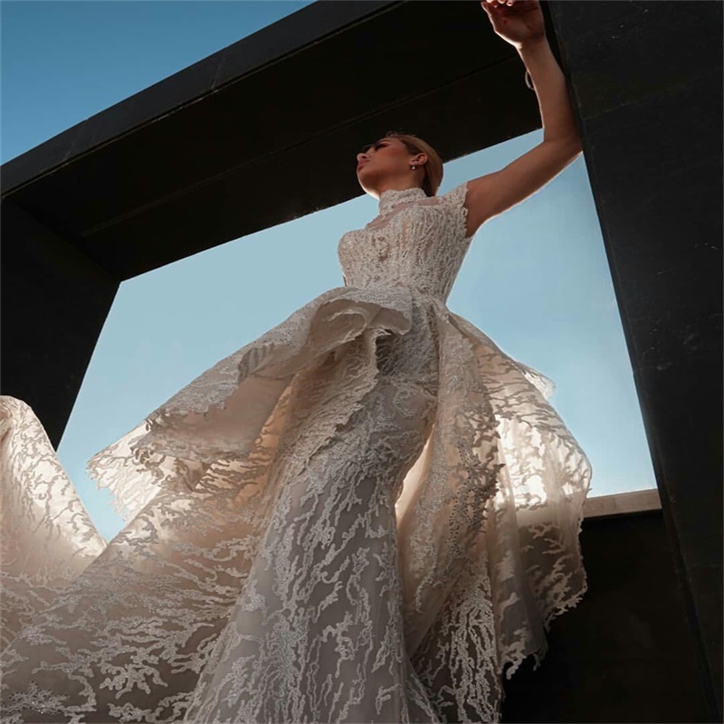 Luxury Wedding Dresses With Detachable Train Sequins High Neck Tiered Appliqued Mermaid Wedding Dress Custom Made Modern Bridal Gowns