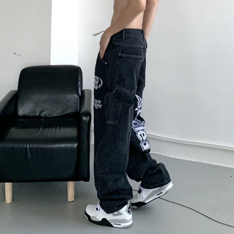 Autumn streetwear retro hip-hop letter embroidery jeans loose straight-leg pants wide-leg for men and women couples 220308