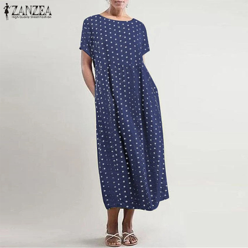 ZANZEA Linen Midi Dress Women's Summer Sundress Fashion Short Sleeve Shirt Vestido Elegant Female O Neck Pleated Party Robe T200620