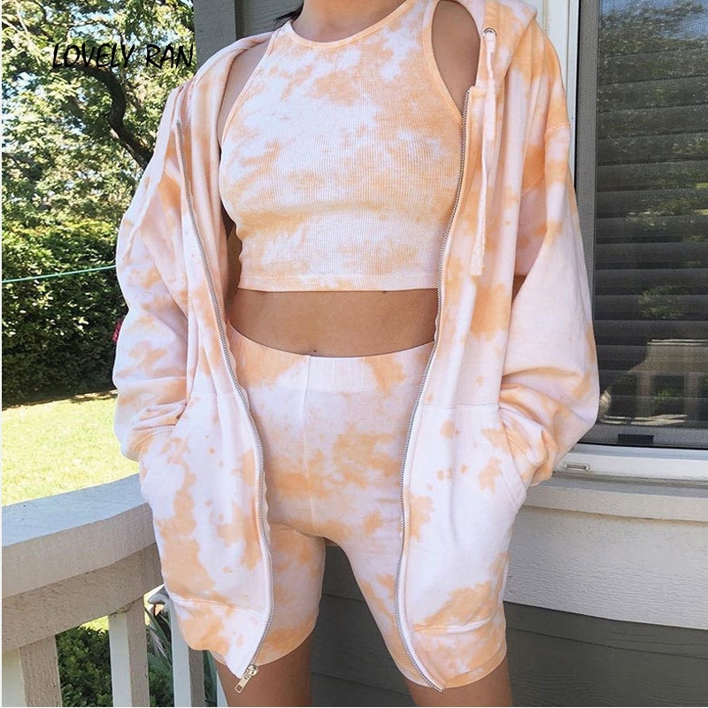 Women's Jacket Autumn Tie Dye Print Hooded Loose Zipper Drawstring Pocket Female Coats Casual Streetwear Ladies Outerwear 201017
