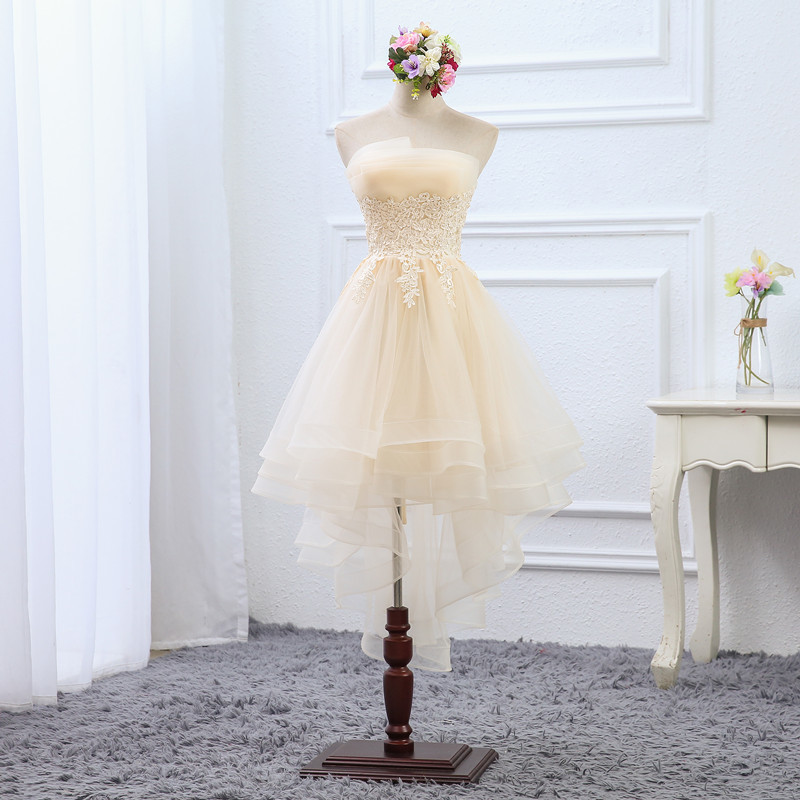 Evening Dresses Short Front Long Back Party Prom Lace Applique Navy Blue Strapless Vestidos De Festa Formal Gown 201114