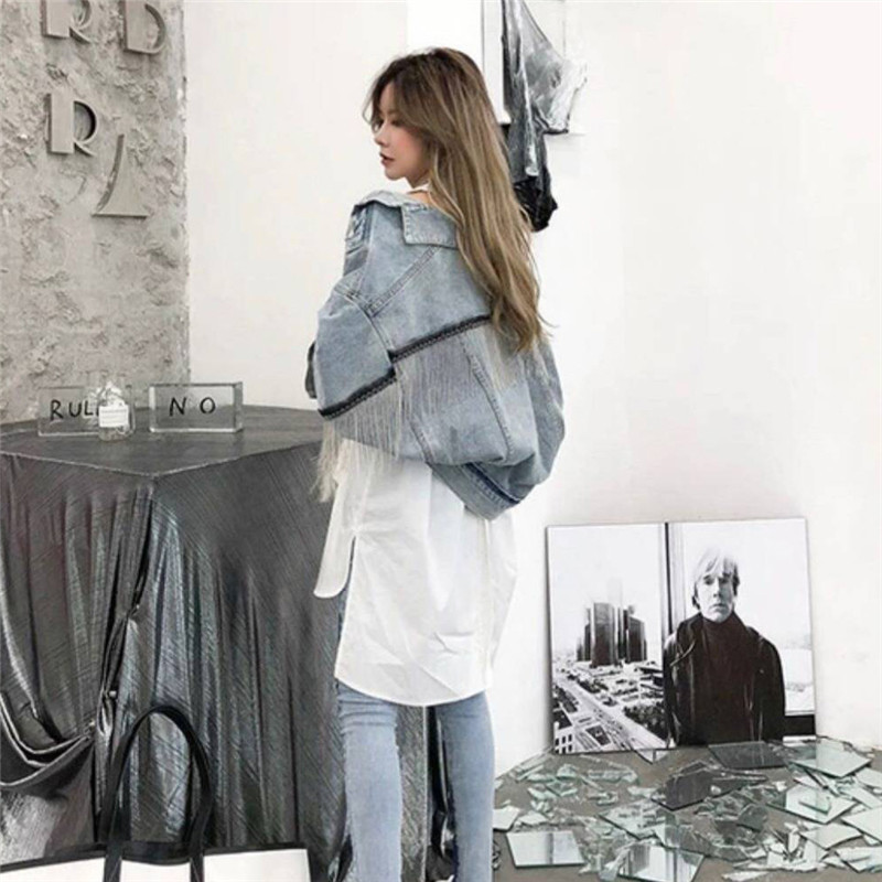 Women bat sleeve tassel short loose burr denim jacket Female Fashion new boyfrieds outwear Autumn Streetwear jean coat 201106
