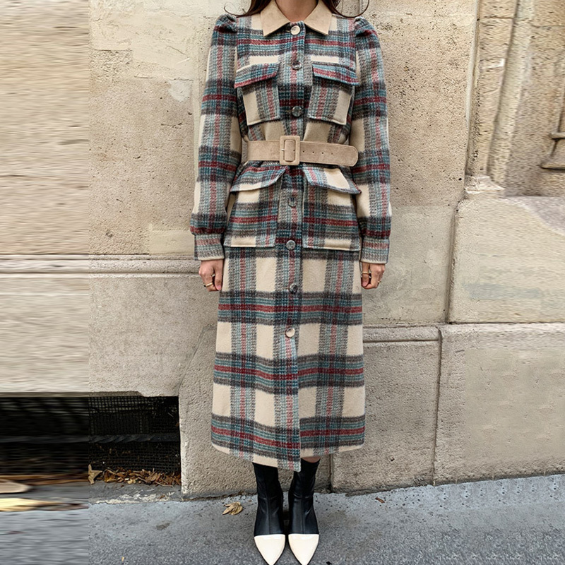 EWQ Winter Over Knee Style Turn-down Collar Long-sleeved Single Breasted Plaid Minimalist Woolen Overcoat With Belt 8Q032 201223