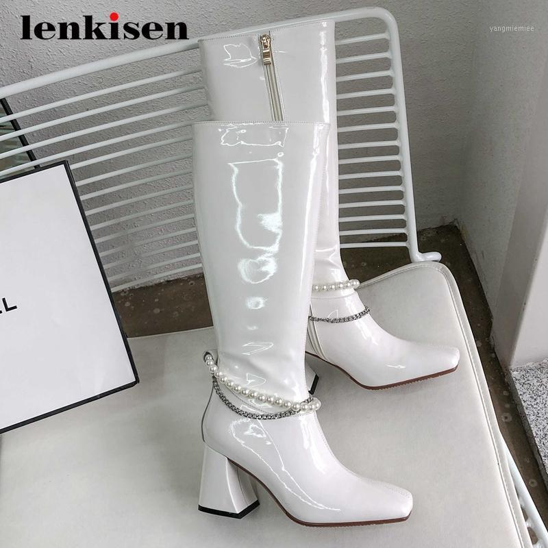 Lenkisen equestrian boots cow patent leather pearl chains large size square toe high heel nightclub fashion knee-high boots L671, White
Lenkisen equestrian boots cow patent leather pearl chains large size square toe high heel nightclub fashion knee-high boots L671, White