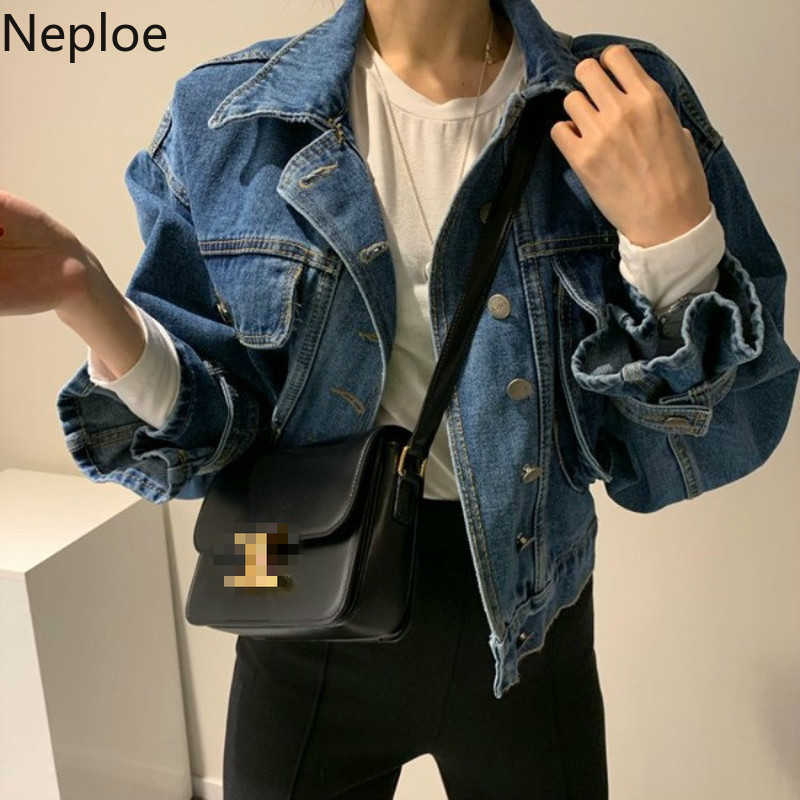 Neploe Ladies Denim Jacket Women Harajuku Vintage Jean Coat Streetwear Basic Outerwear Washed Blue Jeans Bomber 1A805 201017
