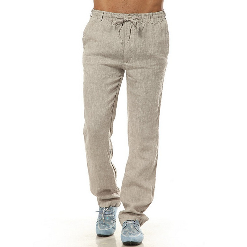 Summer Leisure Trousers 6 Colors 100% Linen Cotton Elastic Waist Men Pants Regular Straight Bottom Flax Men Casual Pants 201128