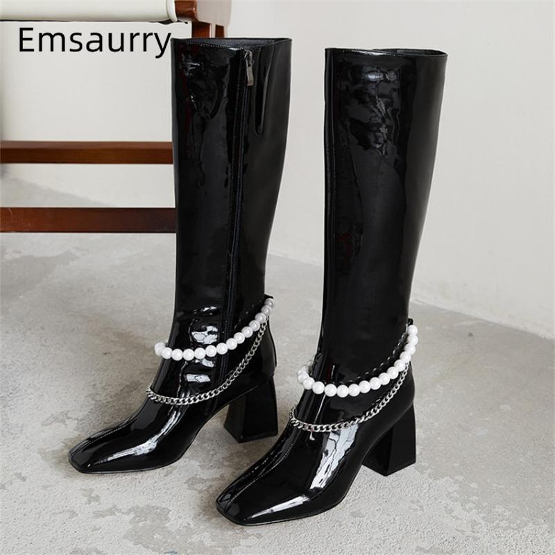Beading Pearl Knee High Boots Women Square Toe Block High Heels Side Zip Black Patent Leather Chains Winter Runway Botas Mujer
