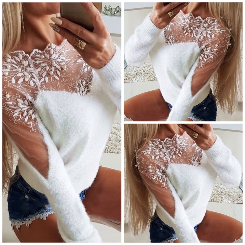 Autumn Winter Women Elegant Solid Color Sweaters Sexy Off Shoulder Lace Pullovers Tops Ladies Casual Long Sleeve Knitwear 201225