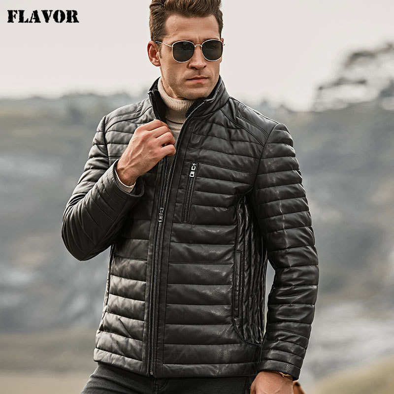 FLAVOR Men's Real Leather Down Jacket Men Genuine Lambskin Winter Warm Leather Coat with Removable Standing Sheep Fur Collar 201128