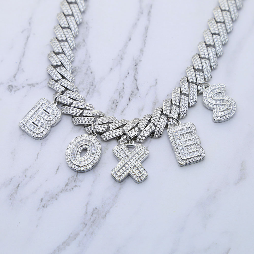 Hiphop Bling 5A Cubic Zirconia 12mm Width Cuban Link Chain Baguette Cz Paved 26 Alphabet Initial Charm Diy Name Choker Necklace