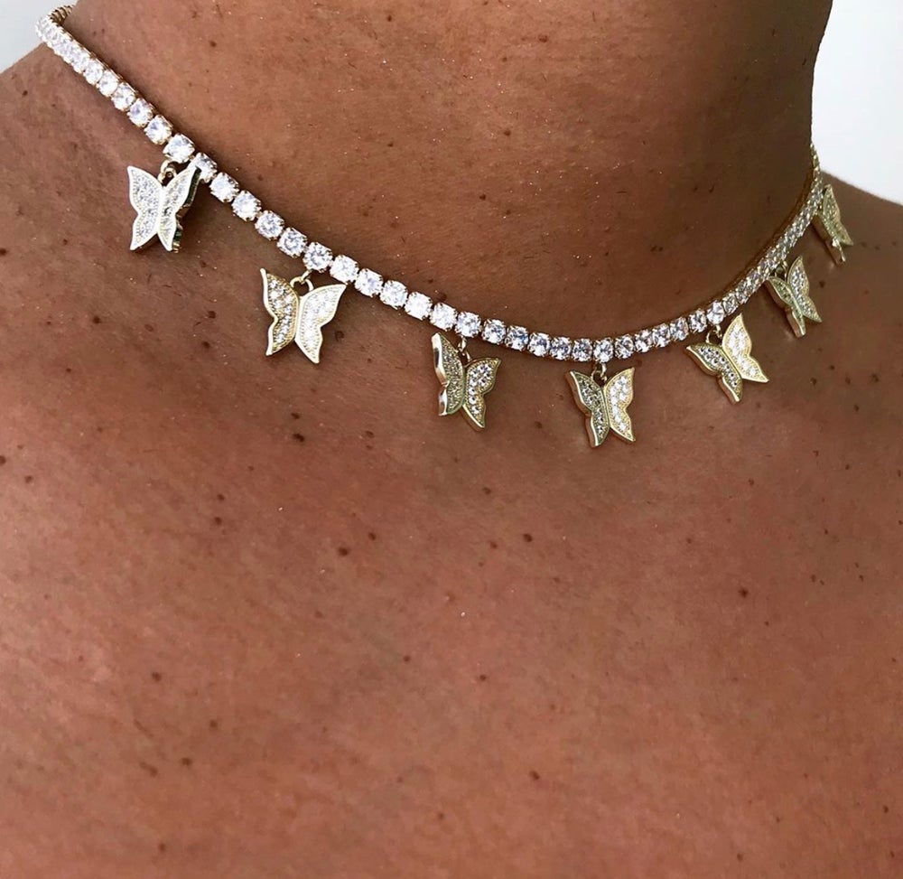 iced out bling hip hop women jewelry Heart arrow cz tennis chain with cz butterfly charm 32+10cm choker necklaces