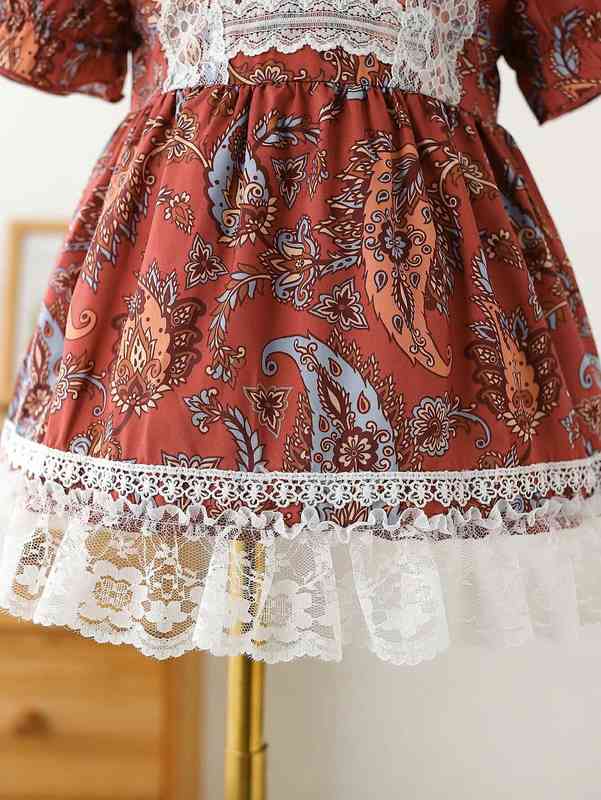 Baby Paisley Print Contrast Lace Puff Sleeve Ruffle Trim Bow Dress SHE