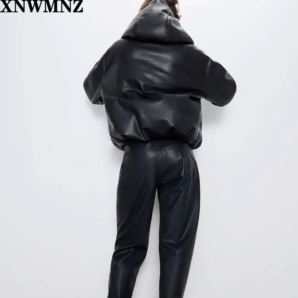 Za Women black fur faux leather jacket coat oversized zipper Winter Female Thick pu hooded jacket Overcoat High quality 201019