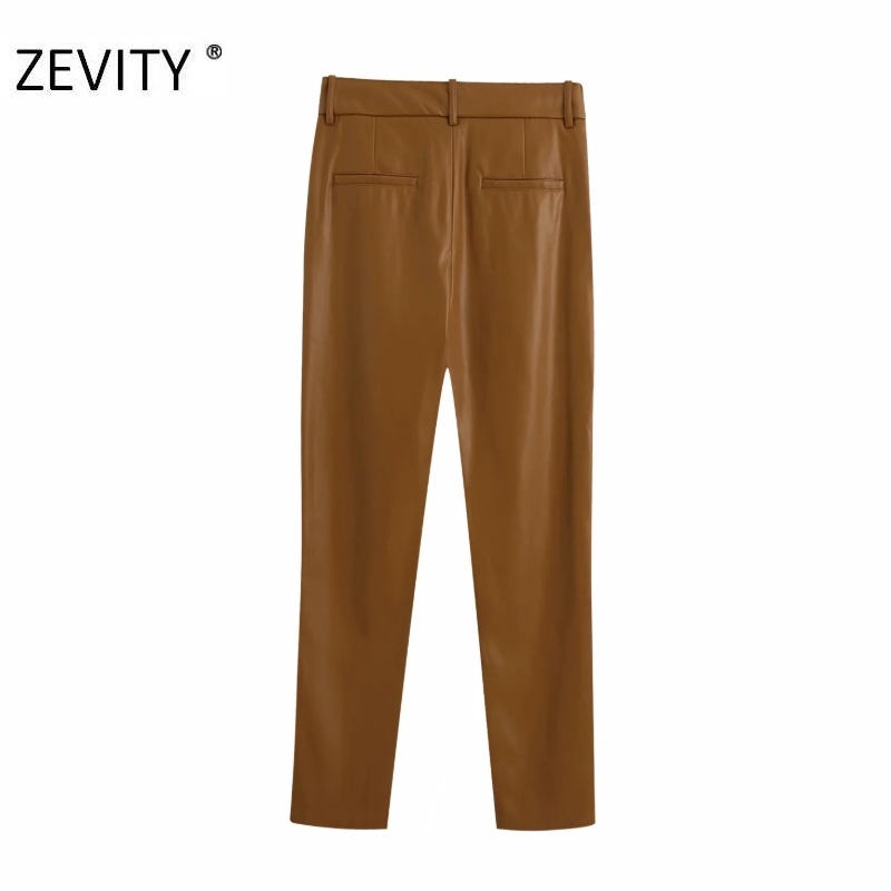 ZEVITY Women fashion solid PU leather straight pants female zipper fly casual slim long Trousers chic autumn business pants P935 201228