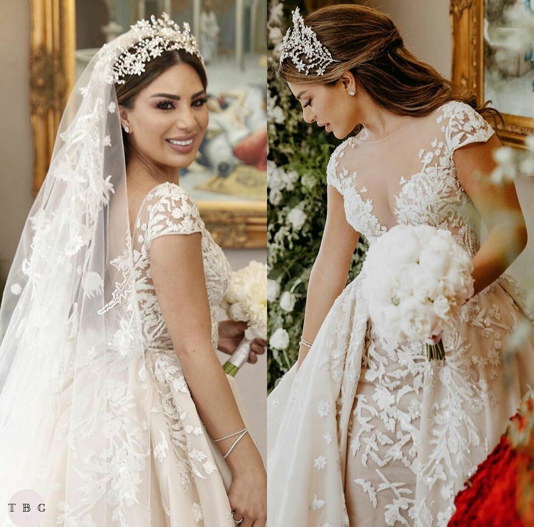 Elegant A Line Wedding Dresses with Detachable Train Sheer Jewel Neck Short Sleeve Bridal Gowns Illusion Appliques Wedding robes de mariée