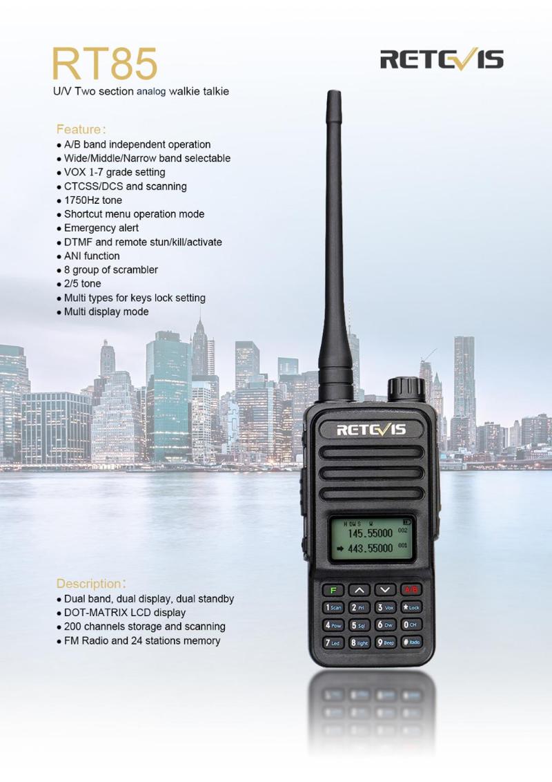 Retevis RT85 Analog Walkie Talkie UV Dual Band 5W Handheld Two Way Radio with Screen Keyboard VOX FM Radio Portable Transceiver
Retevis RT85 Analog Walkie Talkie UV Dual Band 5W Handheld Two Way Radio with Screen Keyboard VOX FM Radio Portable Transceiver