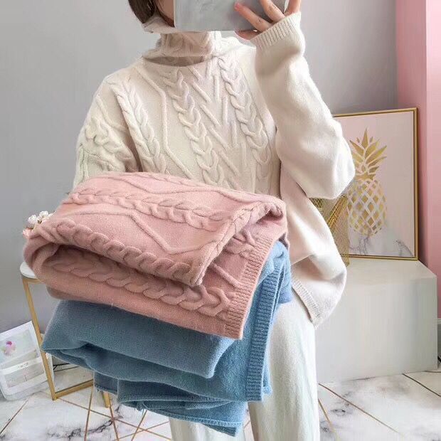 2020Women Woolen Solf warm Knitted suit Female wide legs pullover sweater & pant 2 piece set ,apricot Pink Green Blue T200118