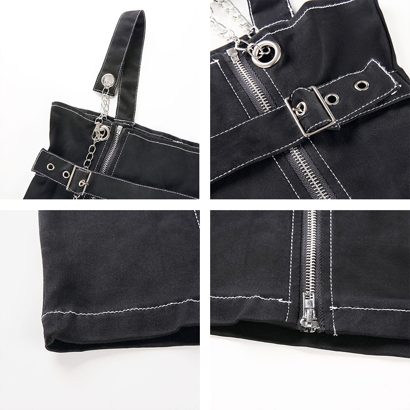 Rapwriter Off Shoulder Punk Metal Chain Denim Strap Dress Women Streetwear Spring Zipper Split Belt Sleeve Sexy Mini Dress T200320