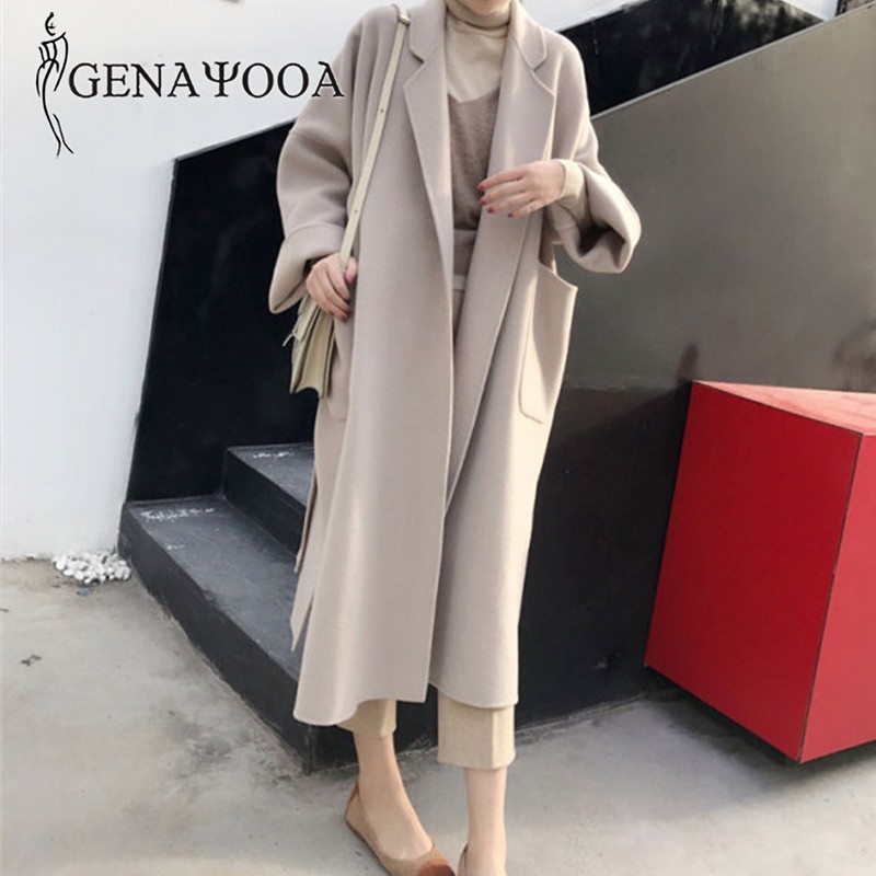 Genayooa Winter Elegant Wool Blend Women Korean Style Black Long Coats Vintage Minimalist Woolen Overcoat Camel Oversize 201112