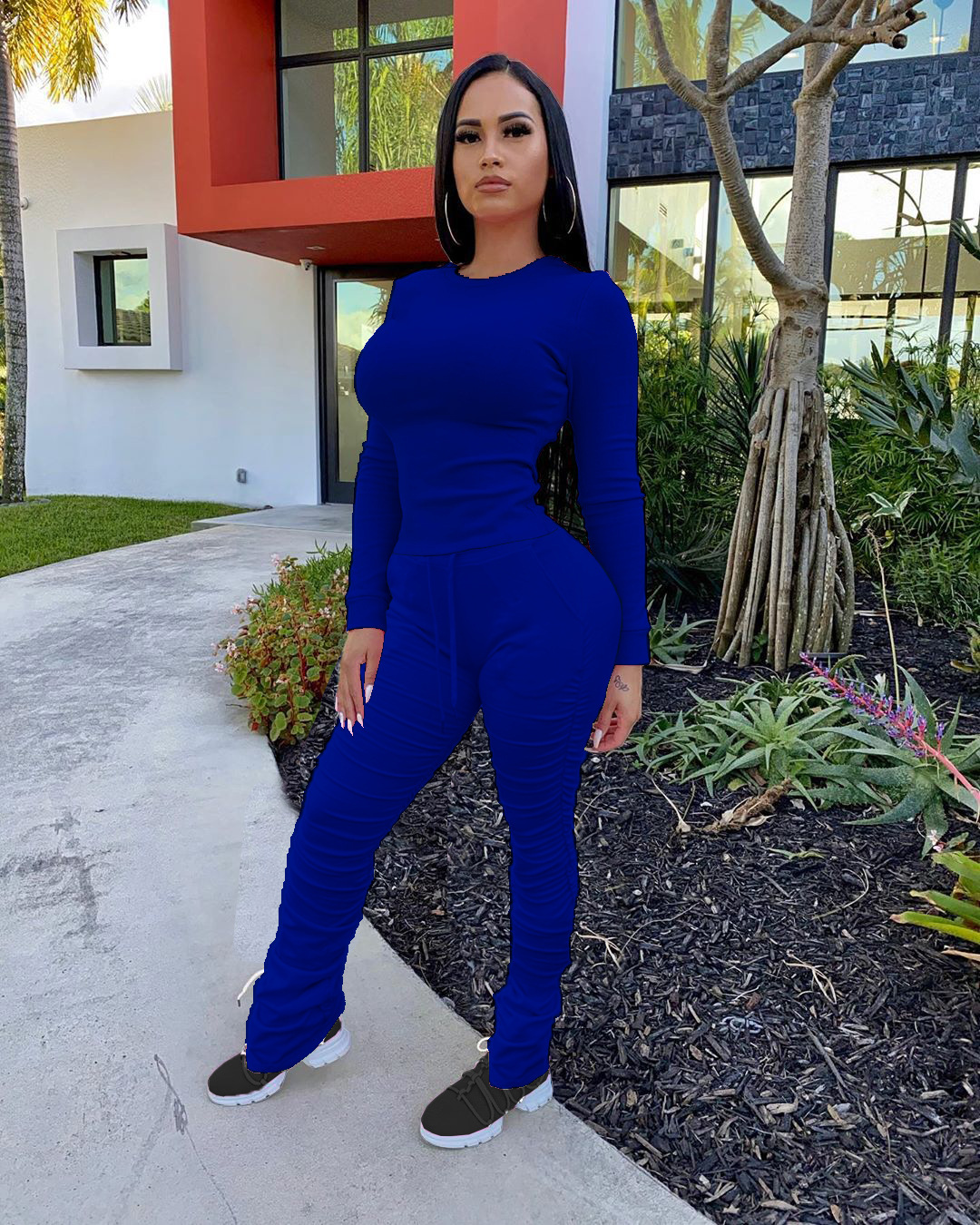 Pants Spot European and American spring summer fashion pleated solid color long sleeve suit