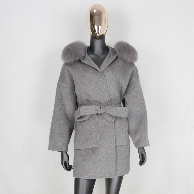 BLUENESSFAIR Cashmere Wool Blends Winter Jacket Women Oversize Real Natural Fox Fur Collar Coat Outerwear Belt Streetwear 201214