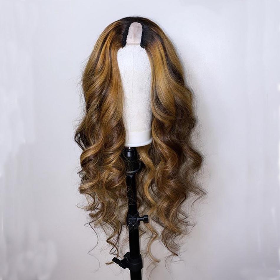 Wig ombre human hair u part no leave out brown blonde 4/27 colored Remy Brazilian 150% density Upart Wigs no need glue full natural