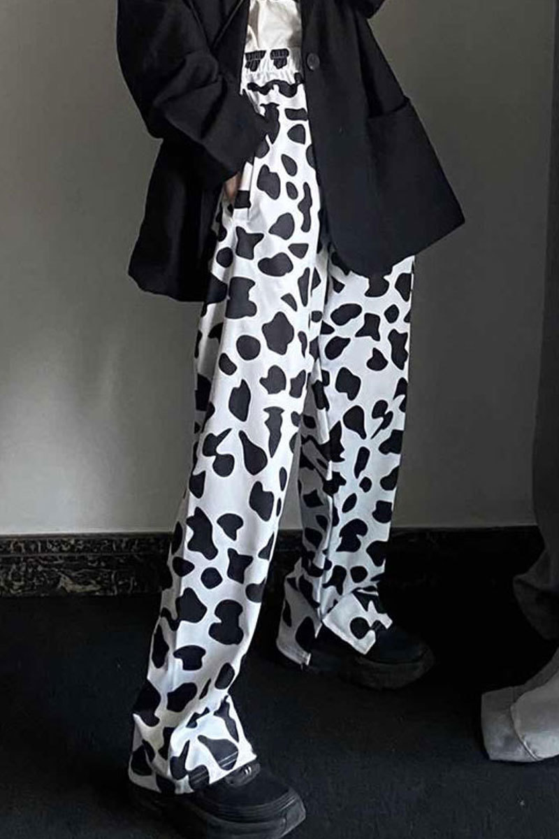 HOUZHOU Cow Print Summer Korean Style Wide Leg for Fashion Women Vintage Joker Palazzo Pants 201111