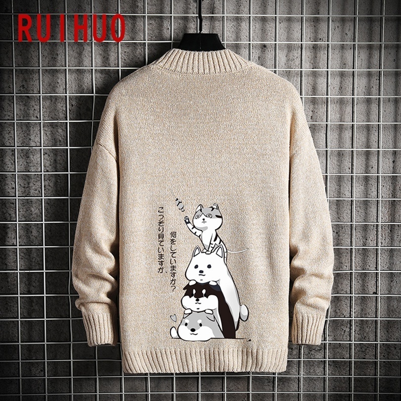 RUIHUO Autumn Cartoon Cats Sweater For Men Coat Knit Man Sweater Clothes Korean Men's Knitted Sweater M-5XL 201203