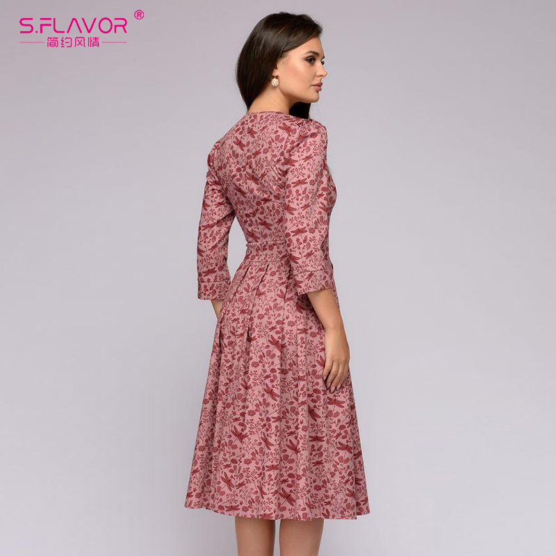 S.FLAVOR Elegant A-line Winter Dress Vintage printing Slim Party Dress Three Quarter Sleeve women autumn Casual Midi Dress 201029