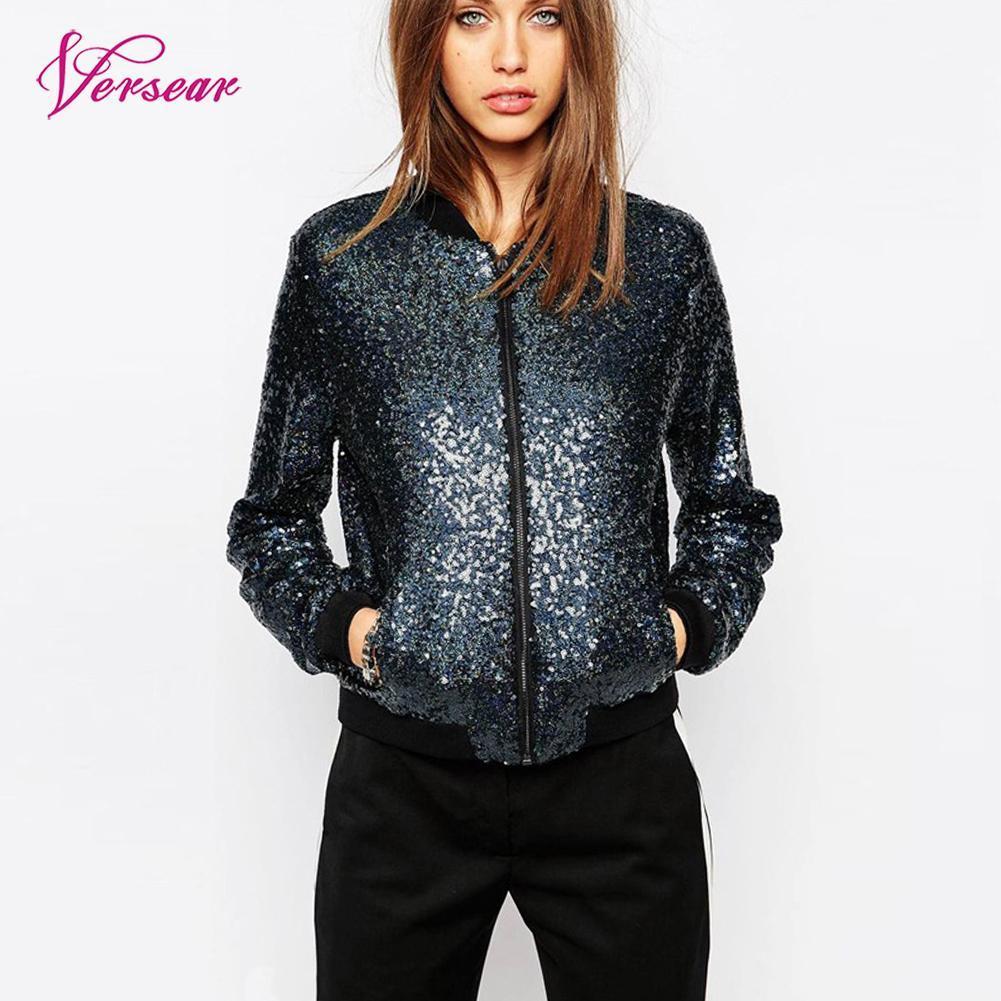 Versear Spring Autumn Women Sequin Coat Bomber Jacket Long Sleeve Zipper Streetwear Tunic Loose Casual Basic Lady Outwear 201017