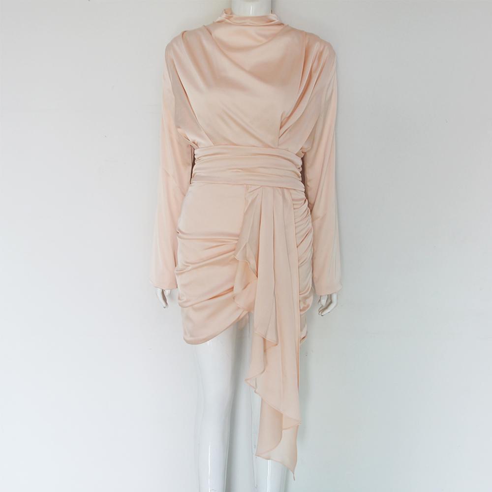 Deive Teger New BLUSH HEAVY SATIN HIGH NECKED DRAPED Autumn Winter DRESS Fashion Elegant Sexy Party For Women 8261 201008