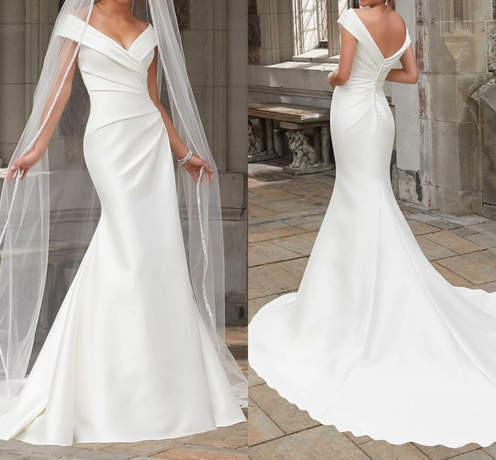 Simple New Mermaid Wedding Dresses Off Shoulder V-neck Ruched Draping Satin Bridal Gown Vestidos De Novia Custom Made 2022 robe de mariage