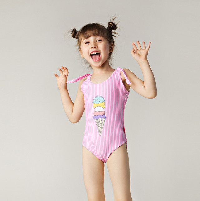 INS Summer girls stripe Bow one-piece swimsuits 2022 kids ice cream printed siamese swimming children SPA beach swimwear A8207, Pink