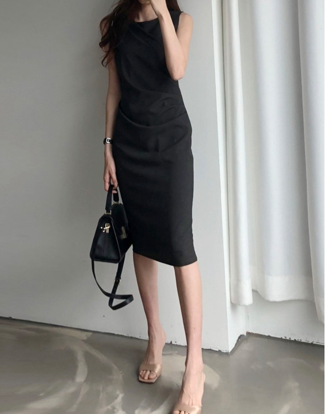 Summer Retro High Waist Draped Dress Female New Fashion Sexy Sleeveless Bag Hip Slimming pencil Dress work Vestidos T200416