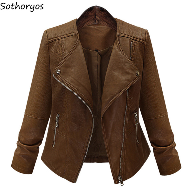 Jackets for Women PU Leather Plus Size Turn-down Collar Solid All-match Jacket Womens Simple Slim Elegant Ladies European Coats 201106