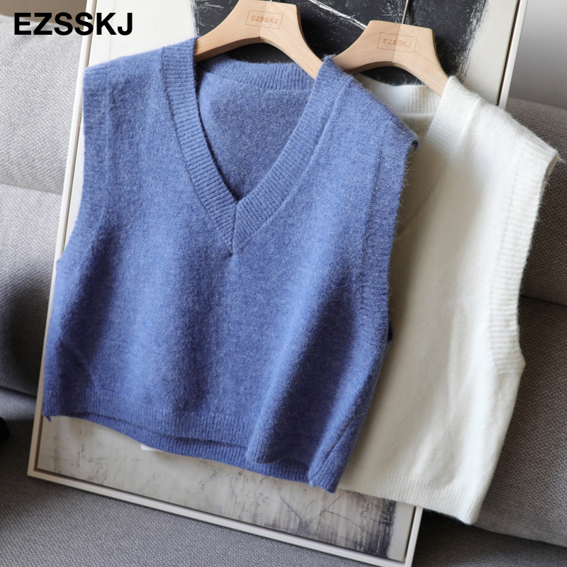 chic casual Autumn Winter Basic short Sweater vest v-neck sleeveless crop Sweater pullovers Women loose Pullover female 201222