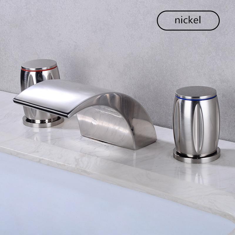Basin Faucets Gold Polished Widespread Deck Mounted Waterfall Bathroom Sink Faucets 3 Hole Double Handle Hot And Cold Water Tap