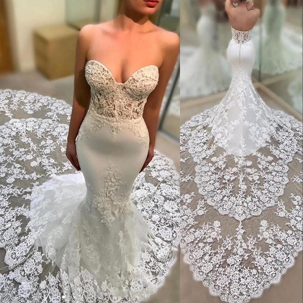 2021 Vintage Arabic Aso Ebi Mermaid Wedding Dresses Formal Bridal Gowns Open Back Sweetheart Illusion Lace Appliques Crystal Beaded Tiered Chapel Trai