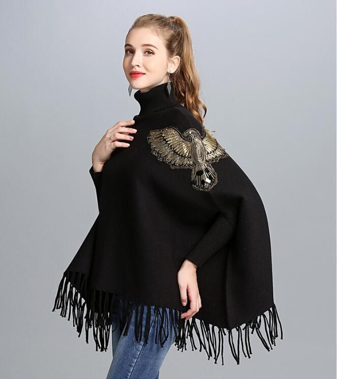 Christmas Women New Embroidery Gold Beading Eagle Cloak Poncho Turtleneck Bat Sleeve Pullover Sweater Tassel Knit Shawl Cape T200128