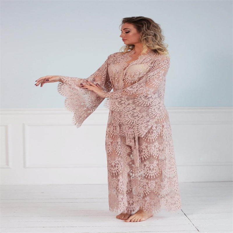 Pink Night Gown Fur Soft Tulle Pregnant Dress Bride Sleepwear Full Lace Long Sleeves Robes Custom Made Women Sexy Sleepwear Dresses