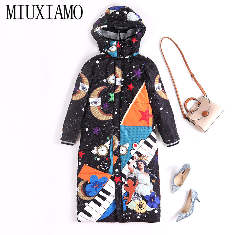 MIUXIMAO Winter Coat Loose Piano Print Elegant Fashion Warm Long Coat Vintage X-Long Women Down Winter Coat Female Overcoat 201019