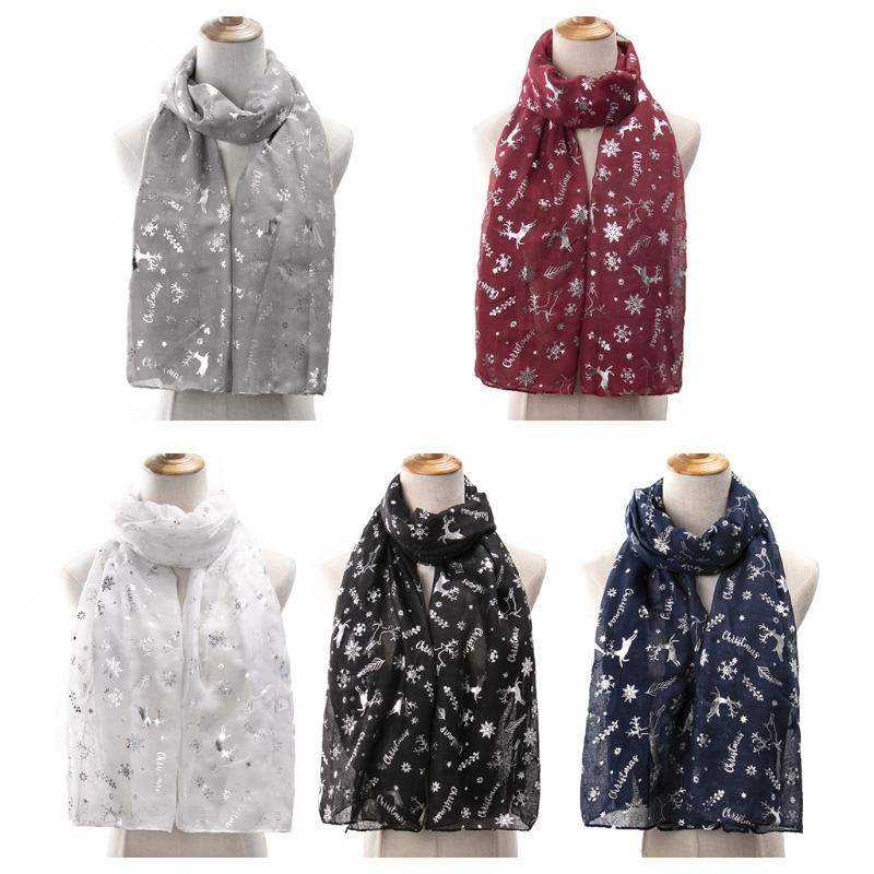 

Scarves Women Christmas Polyester Long Scarf Silver Glitter Shimmer Foil Reindeer Snowflake Print Shawl Wrap Holiday Neck Warmer