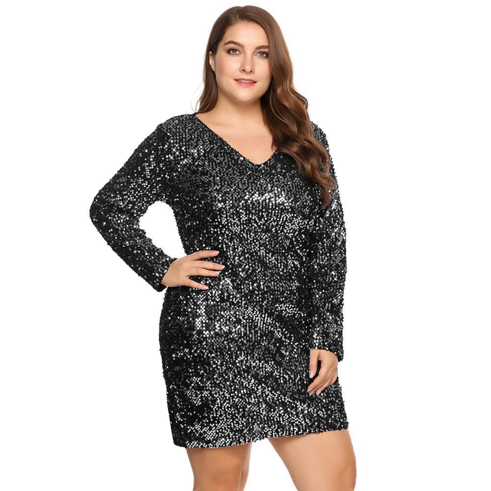 IN'VOLAND Plus Size XS-5XL Women Party Sequined Dress Bodycon Cocktail Club Sheath Long Sleeve Ladies Dresses Feminino Vestidos T200106