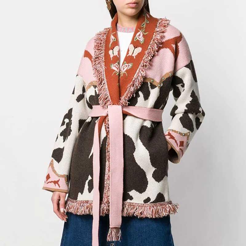 Women's Knits & Tees Boho Inspired Jacquard Cashmere Belted Cardigan Women Warm Fringed Winter Coat Oversized Long Sleeve Sweater