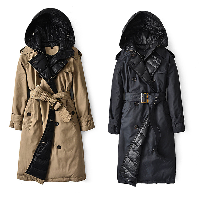 90% White Duck Down Jackets And Coat With Hooded For WInter Down Jacket Hooded Double Breasted Casual Long Trench Parka 201019