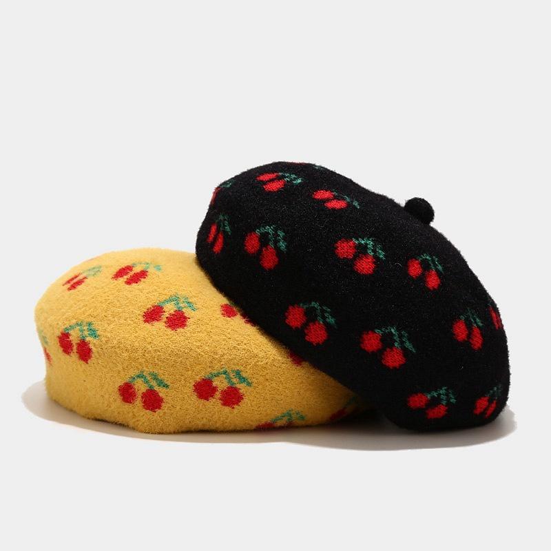 Women Beret Cherry Pattern Hat Autumn and Winter Wool Hat, Black