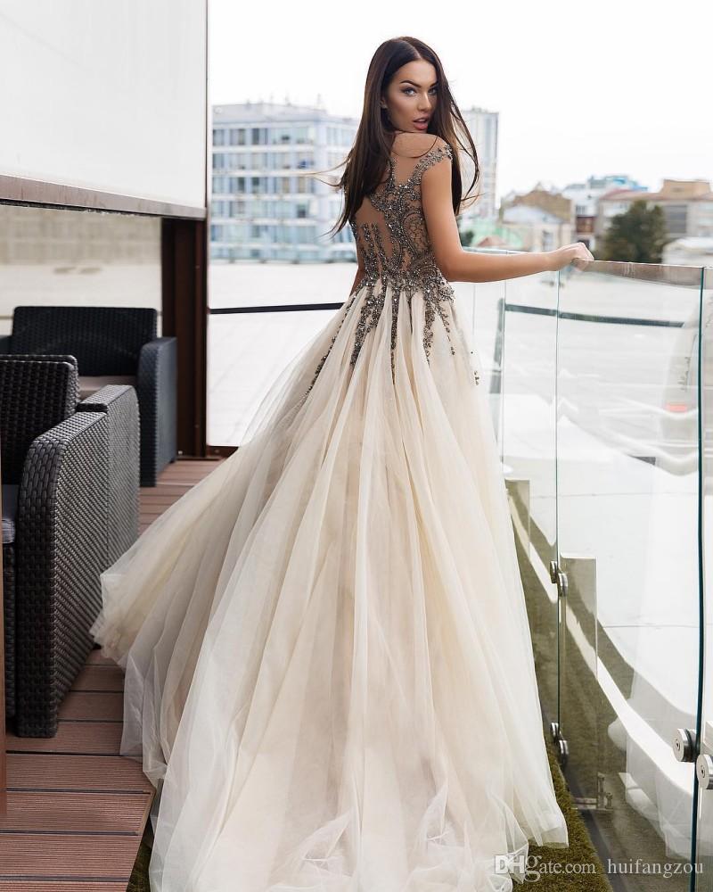 Luxury Champagne A-line Wedding Dress Bohemian Beads Sheer Neck Tulle Backless Applique Wedding Dresses Bridal Gowns Vestidos De Novia