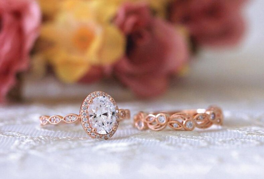 New Arrival Vintage Fashion Jewelry 925 Sterling Silver&Rose Gold Fill Oval Cut White Topaz CZ Diamond Women Wedding Bridal Ring Set Gift