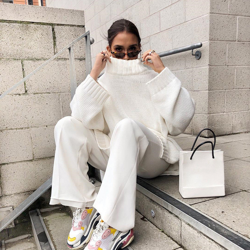 Rapwriter New Women's Autumn Winter Knitted Long Sweaters Women Oversize Pullover Turtleneck Solid Minimalist Loose Tops 201023