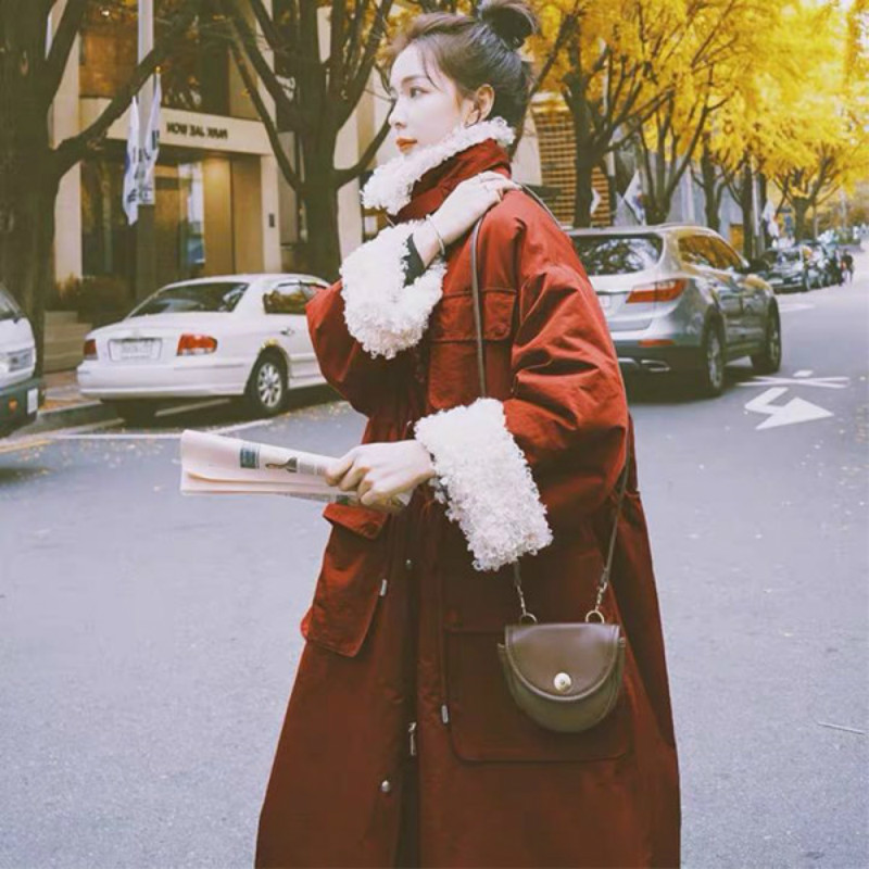 Women Winter Stand Collar Lamb Wool Liner Thicken Long Parka Slim Waist Jacket Full Sleeve Big Pocket Coat Oversized Overcoat 201202